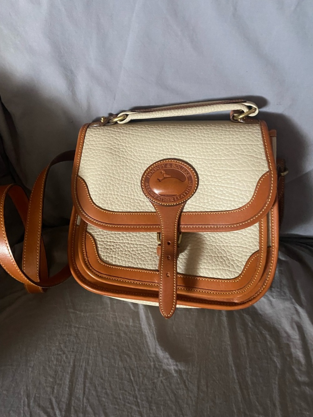 Dooney & Bourke Cream and Tan Pebbled Leather Crossbody Satchel